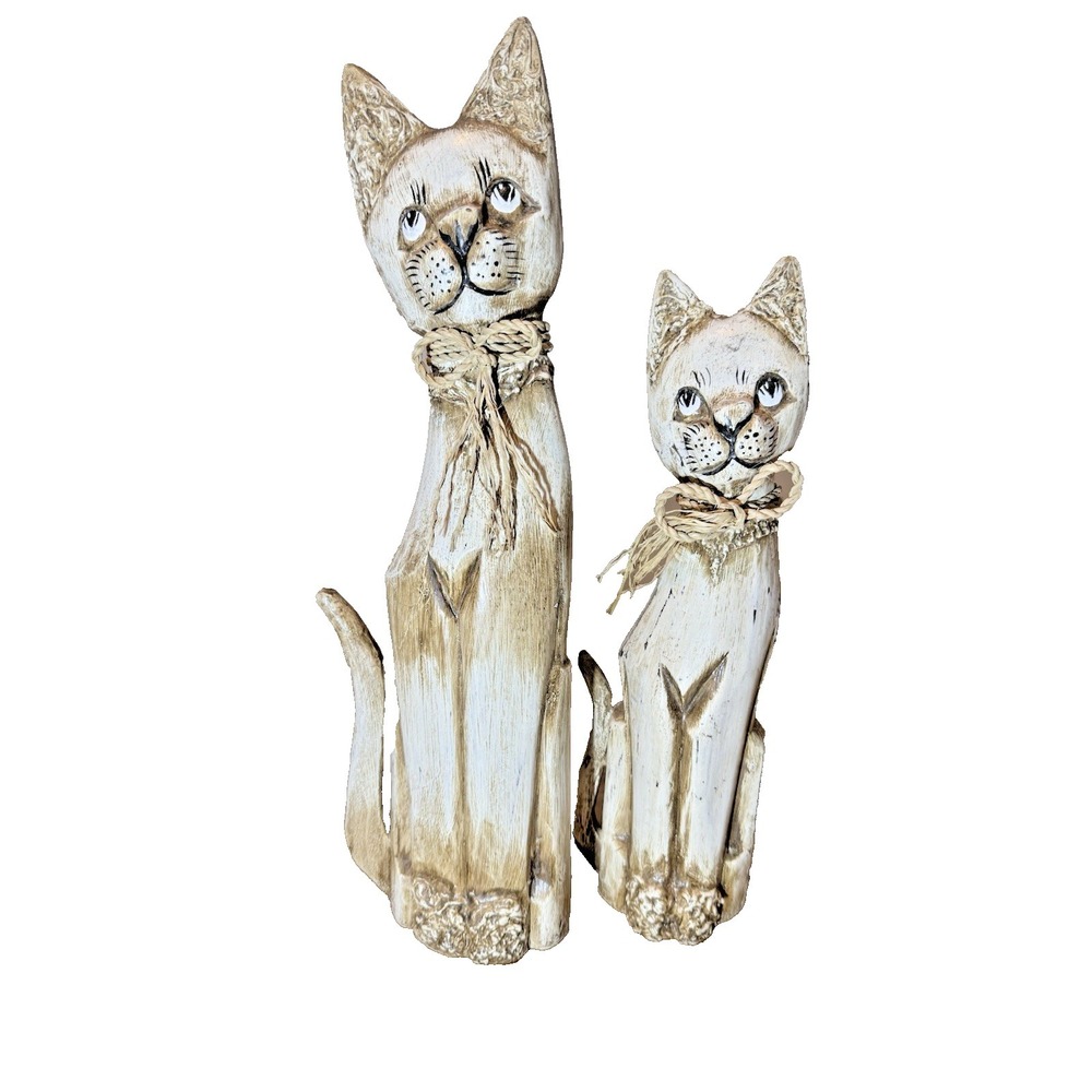 Set Of Carved Wood Cats With Blue Eyes 19" & 11.5"